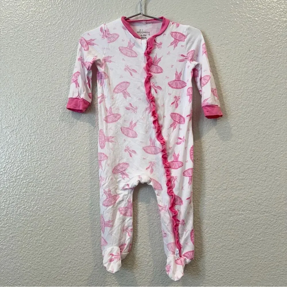 Mulberry Ruffle Zip Footie PJ Pajama Onesie Ballet Tutu white pink